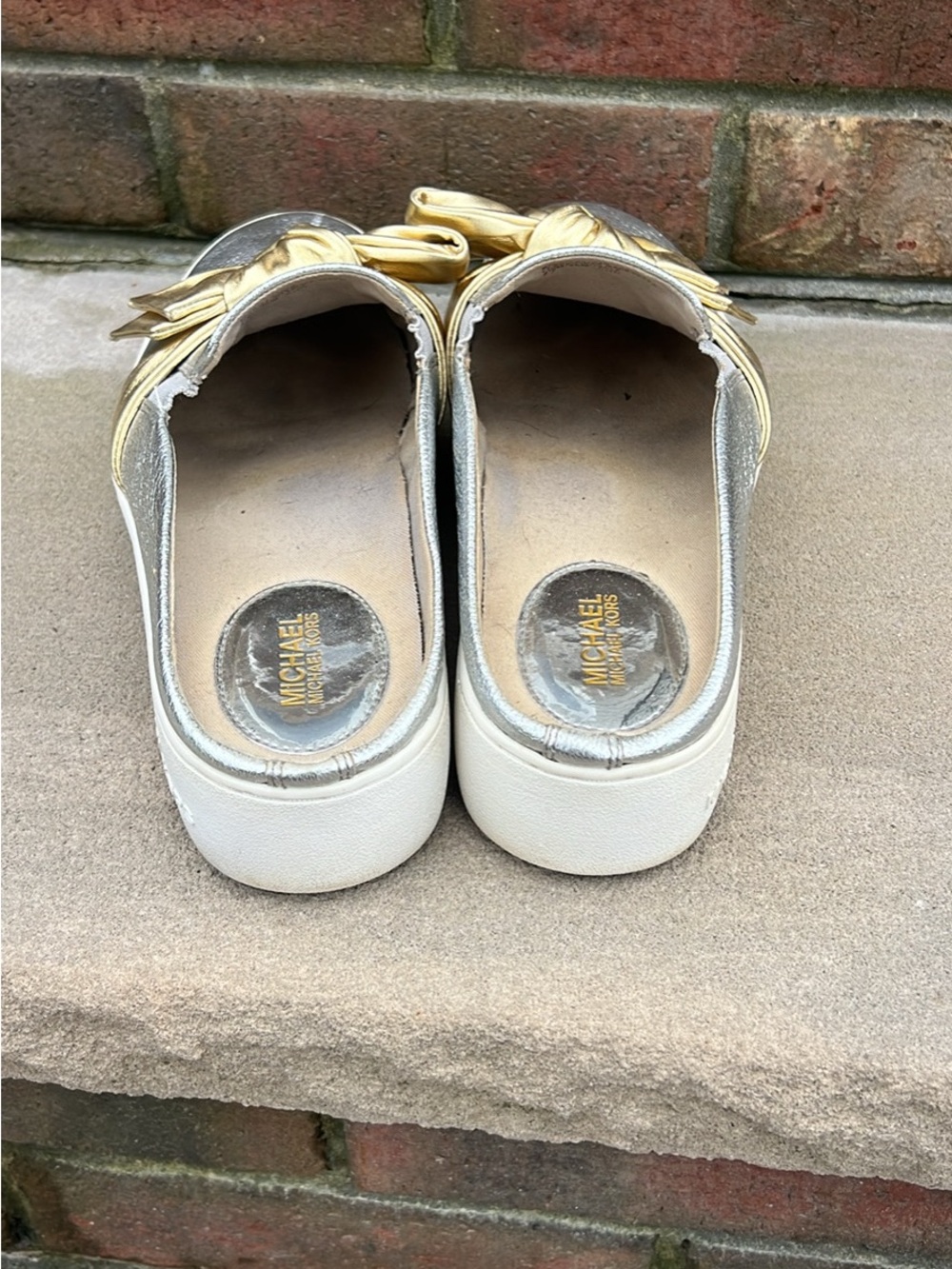 Michael Kors Metallic Silver Slip-On Mules with Gold Knot - Picture 3 of 9